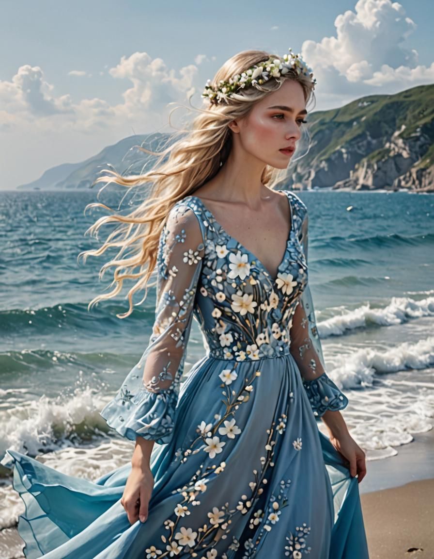 Fantasy Lady with White Hair on Magical Beach