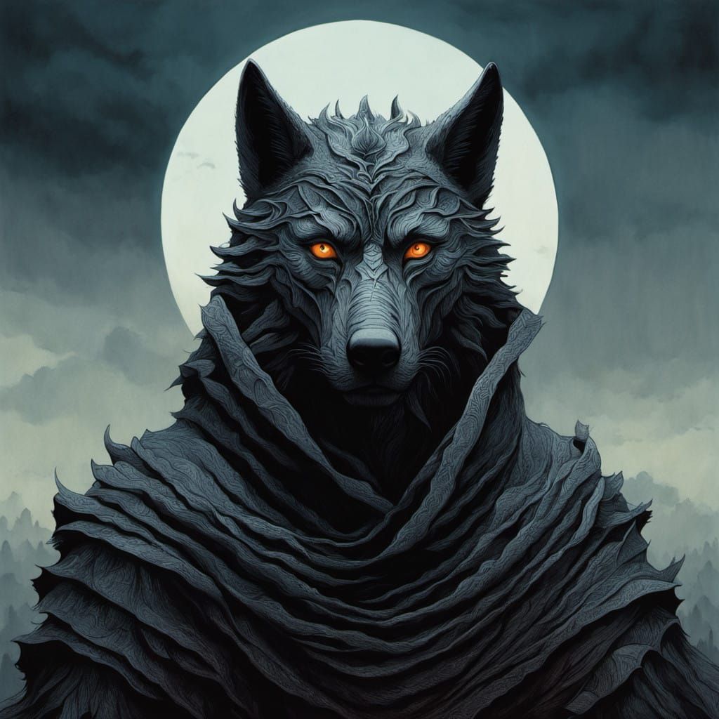 Mysterious Figure Sits atop Majestic White Wolf in Ritual Ma...