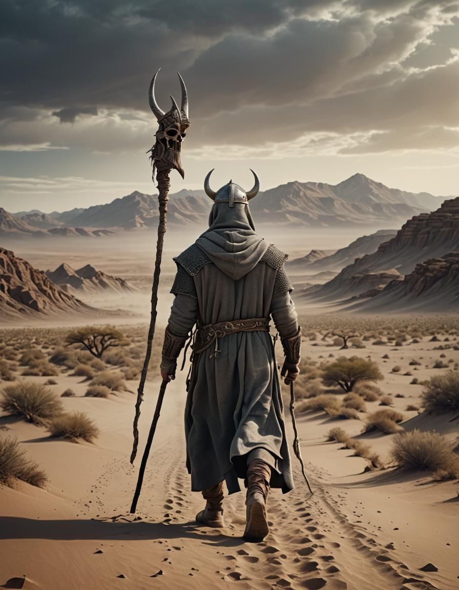 Hyperrealistic Viking Warrior in Desert Landscape