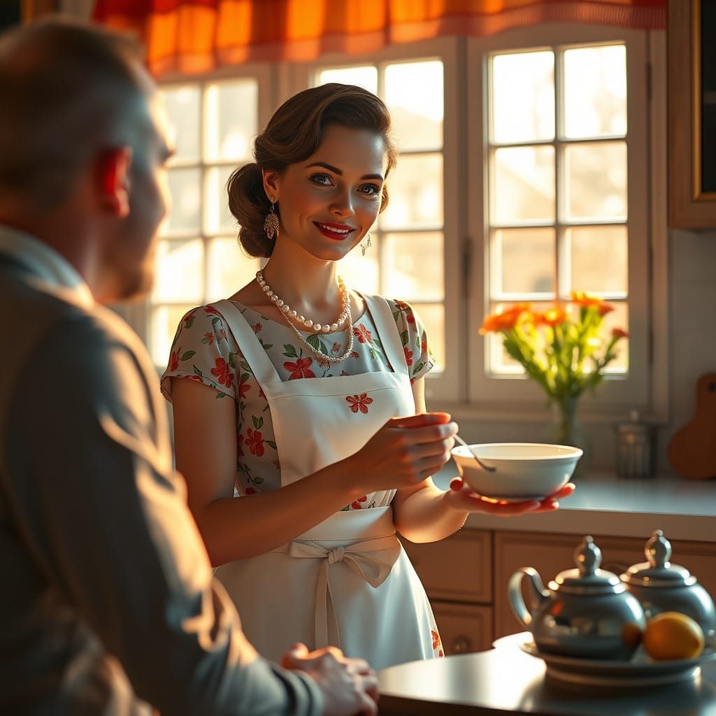 Elegant 1950s-Inspired Homemaker Serves Breakfast in a Vibra...