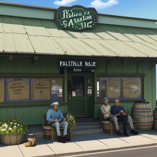 Pickle Store Scene with Men Laughing on Porch