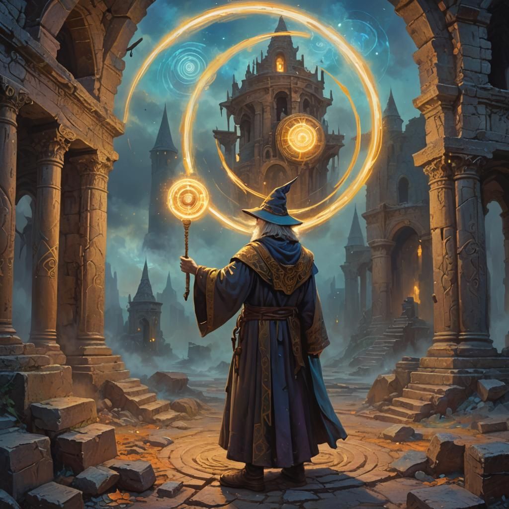Wizard with Glowing Gyroscope Oil Painting