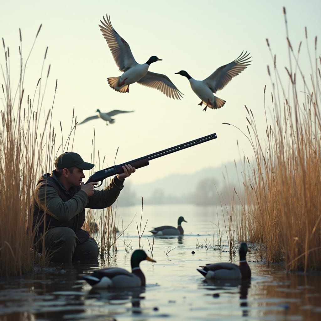 Hunter in Tall Grass Amidst Birds in Flight