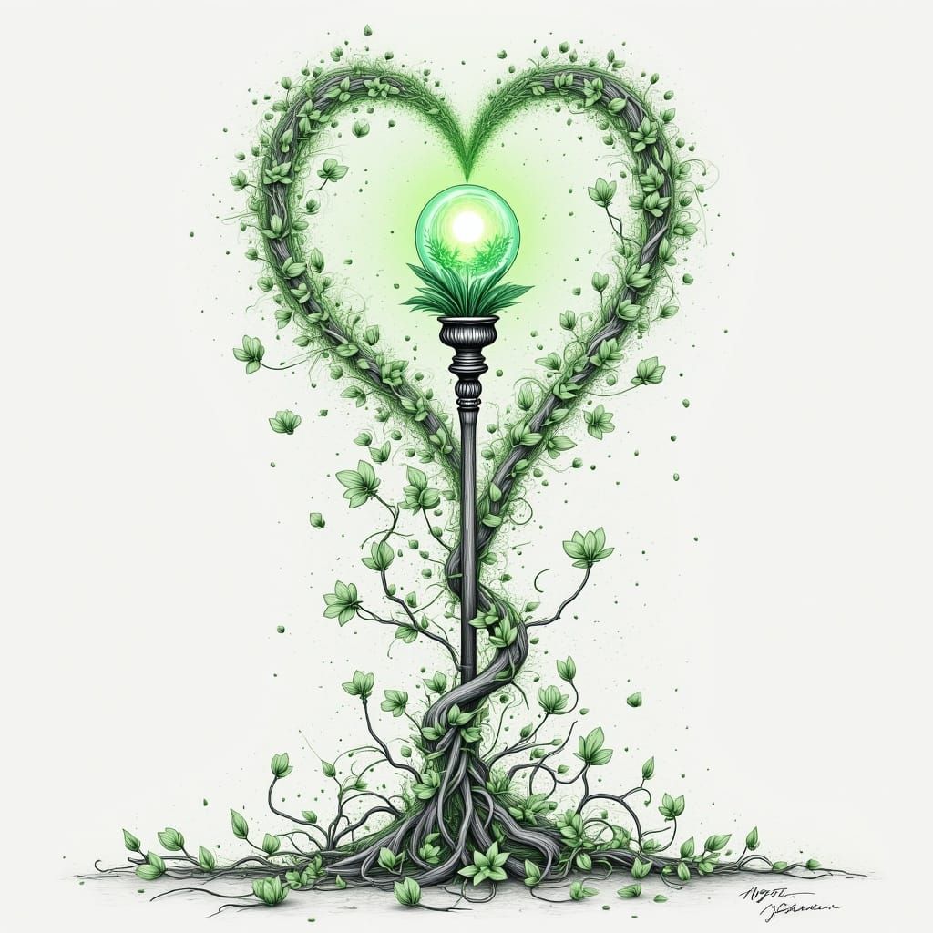 Ornate Staff with Vines and Flowers in Doodle Style