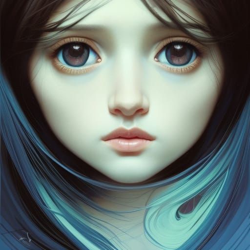 Baby Girl Portrait with Long Hair, Digital Art