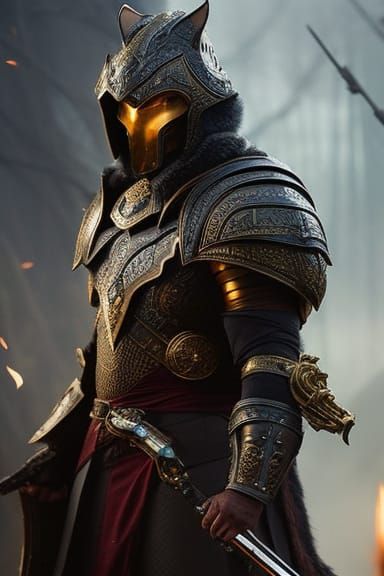 Armored Cat Warrior in Feudal Japan Style