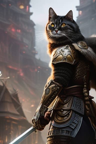 Armored Cat Warrior in Snowy Dystopian Japan