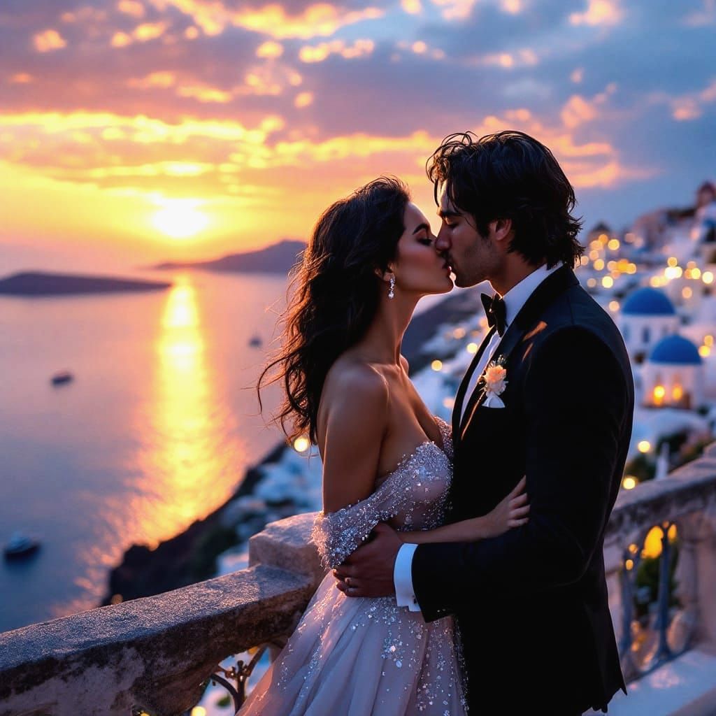Elegant Santorini Sunset Romance in Hyperrealism