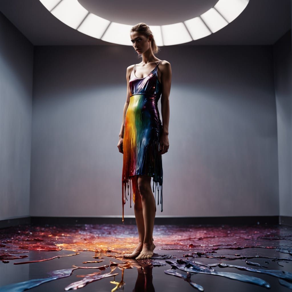 Hyperrealistic Fashion Photography of a Rainbow Paint Dress