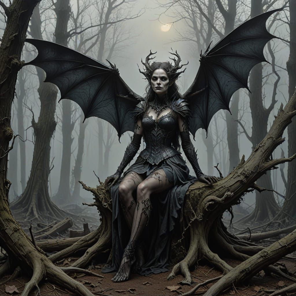 Malevolent Fairy Perched on Twisted Tree Root in Dark Forest