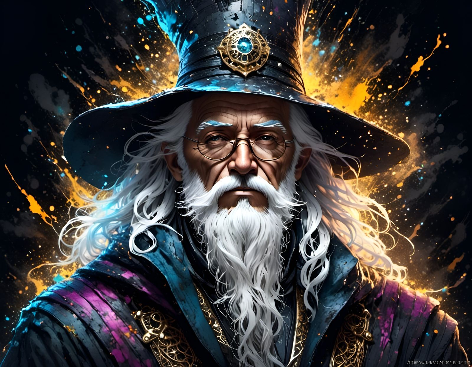 Cyberpunk Wizard Portrait with Ink Splatter