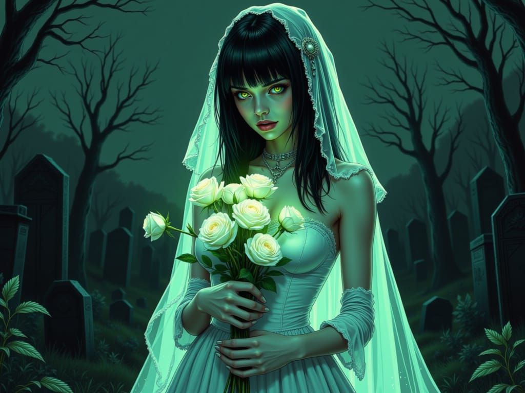 Ethereal Bride with Glowing Roses in Midnight Cemetery