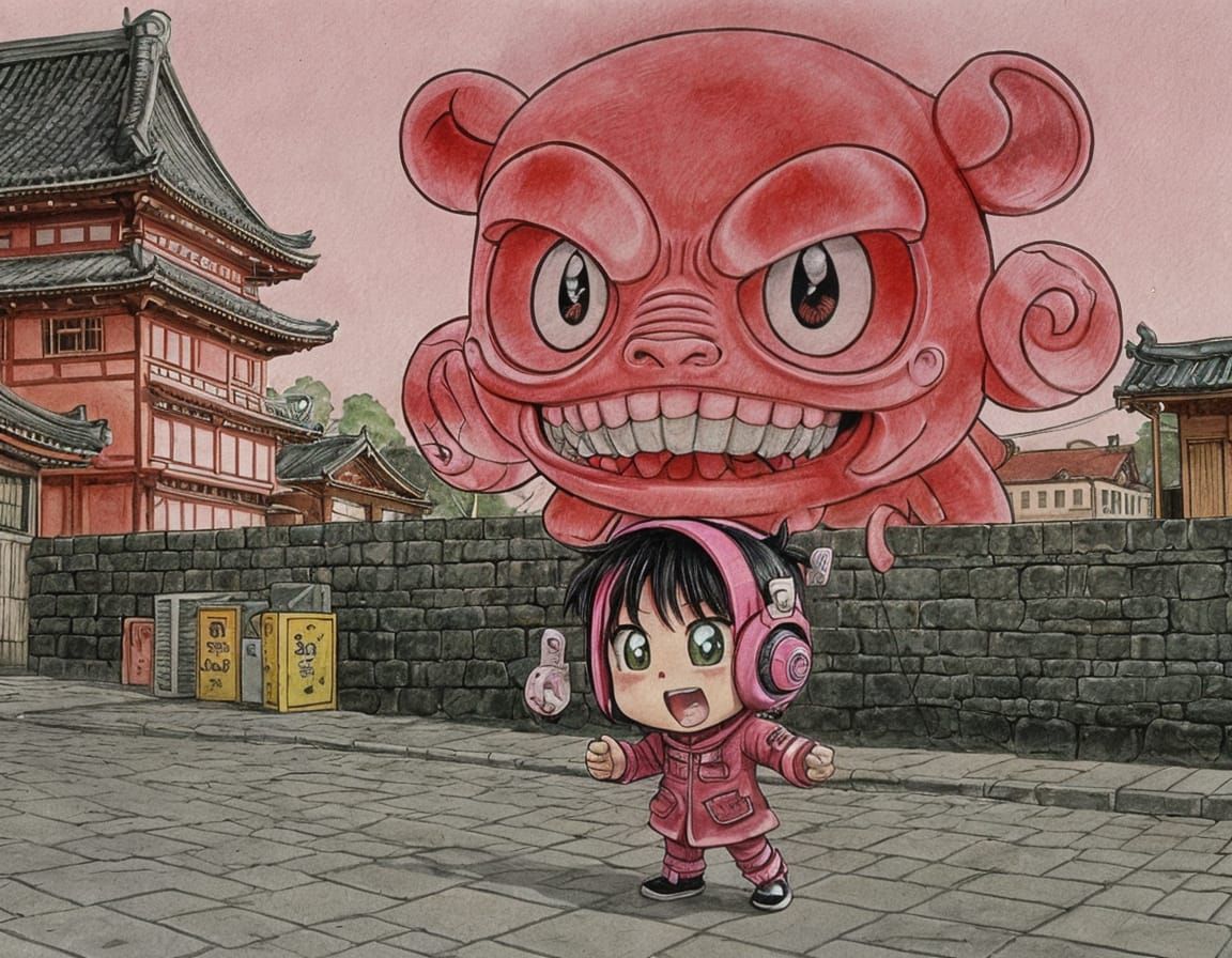 Chibi Pink Monster Runs Through Medieval Japan: Anime Style