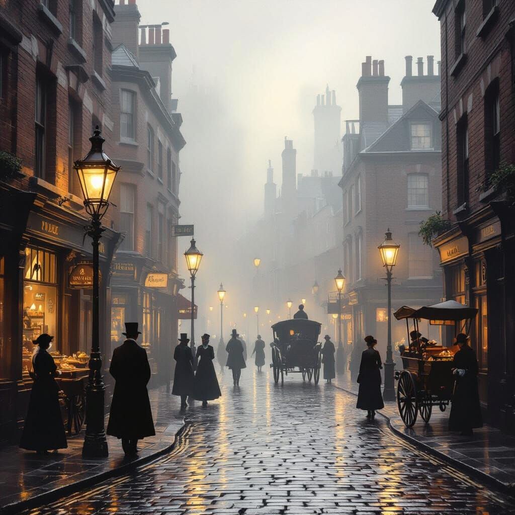 Victorian London Foggy Street Scene: Gaslight Mystery