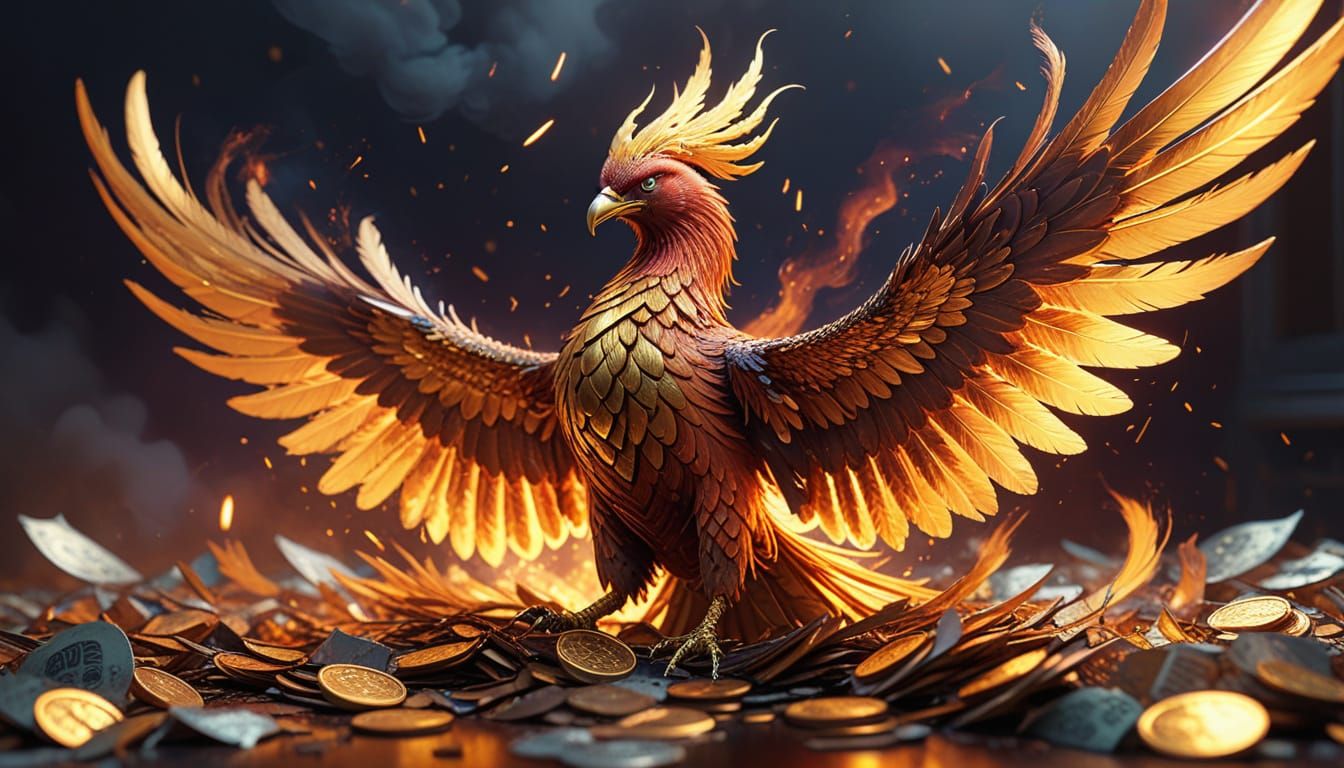 Majestic Phoenix of Gold Rises from Burning Money