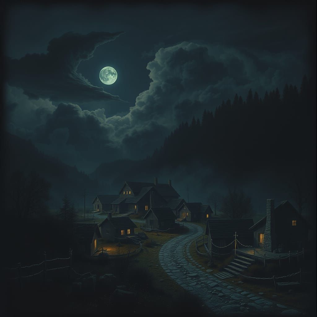 Surreal Village Under Midnight Shadows