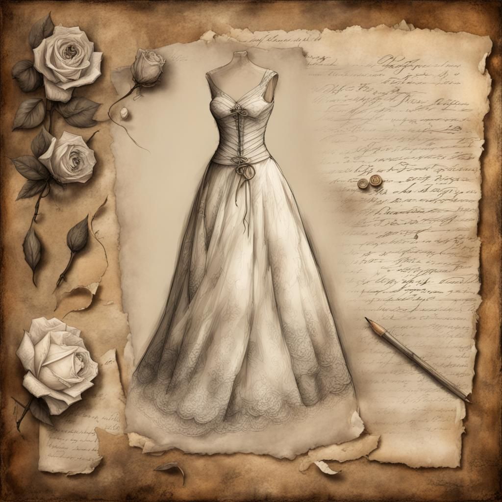 Aged Love Letter with Wedding Dress Sketch