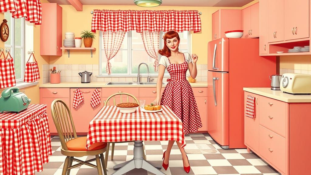 Mid Century Modern Kitchen Scene with Pin Up Housewife