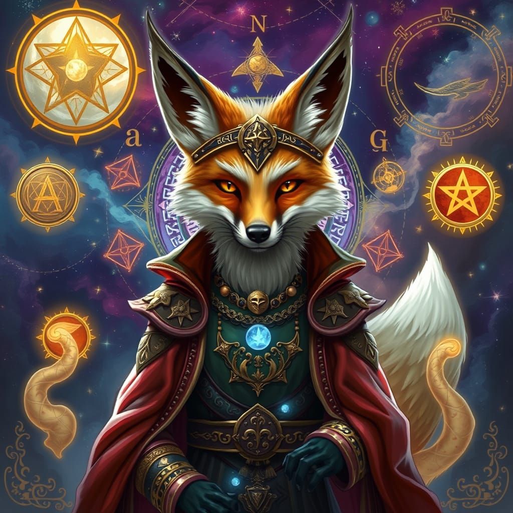Mystical Fox in Symbolic Attire with Glowing Runes