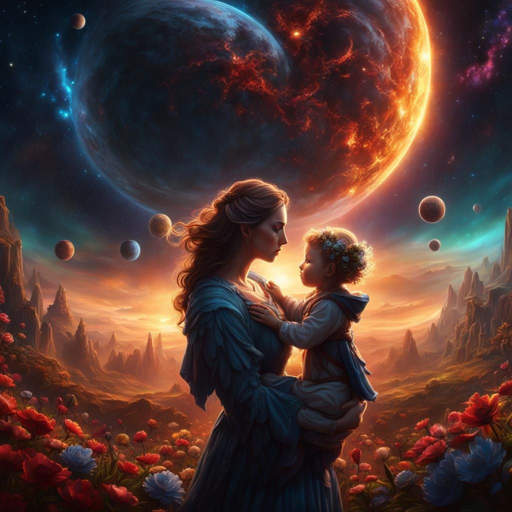 Eternal Mother and Child Love in Cosmic Art