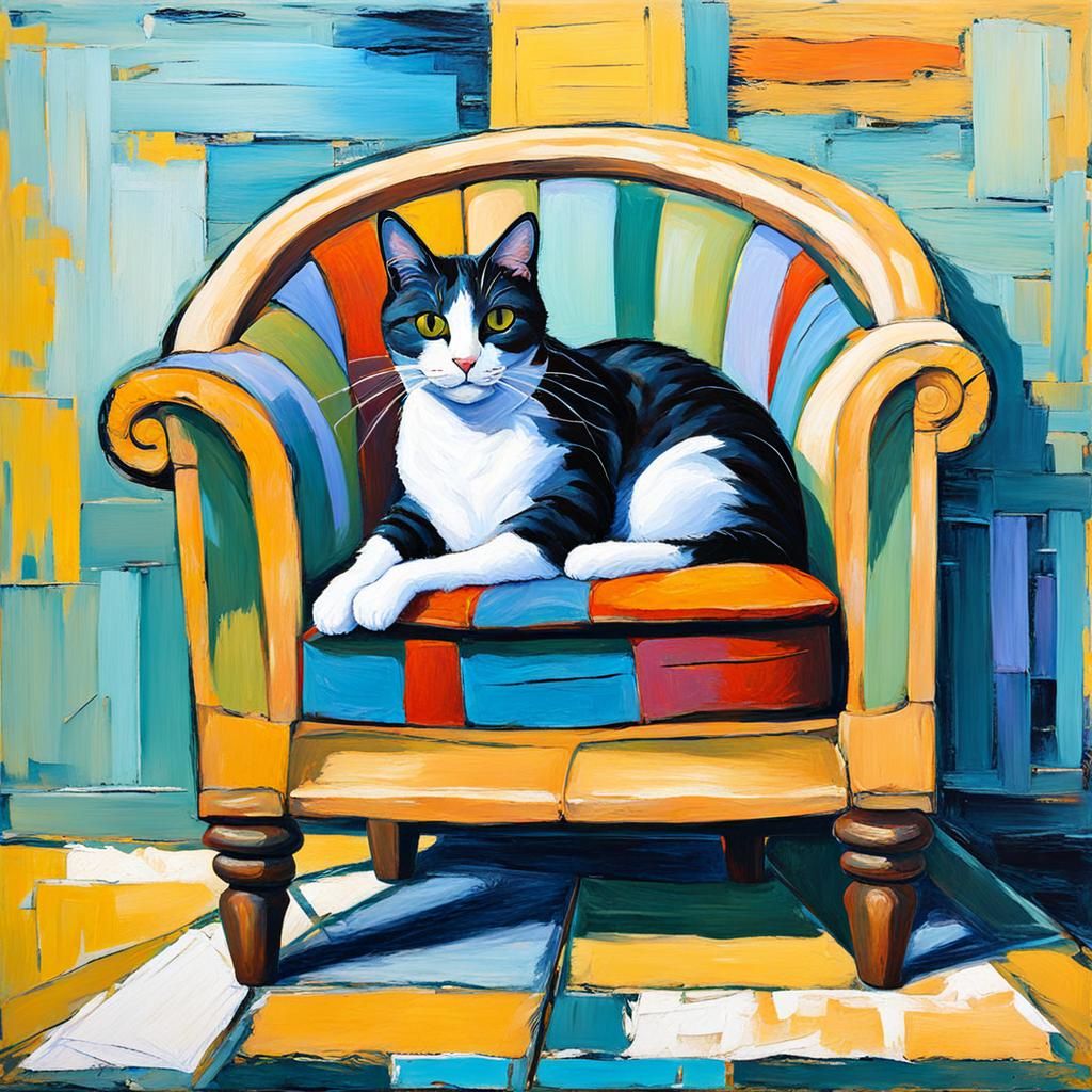 Cat on Chair: Neo-Impressionist Expressionist Oil Painting