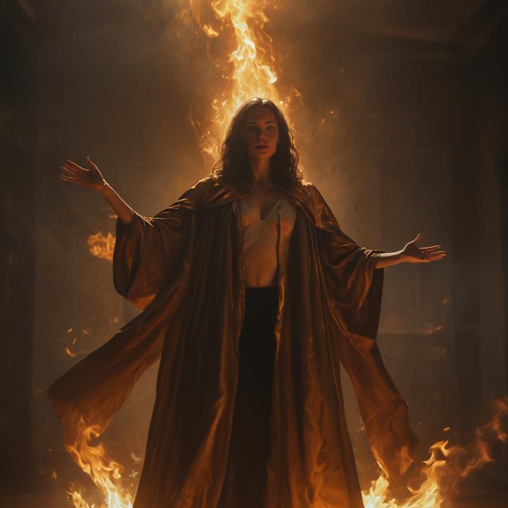 Empowered Woman Surrounded by Flames in Golden Light