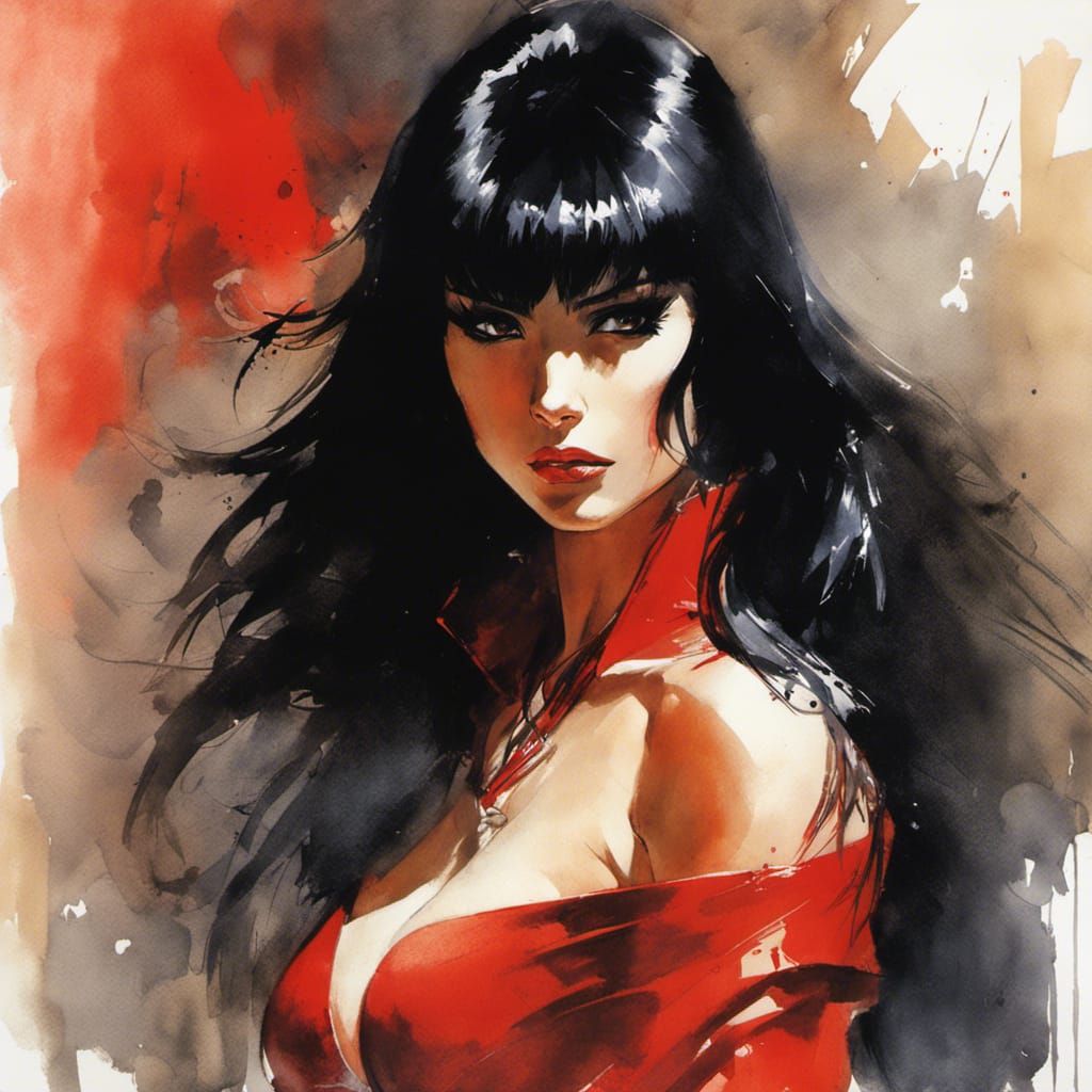 Vampirella Portrait with Watercolor Effects