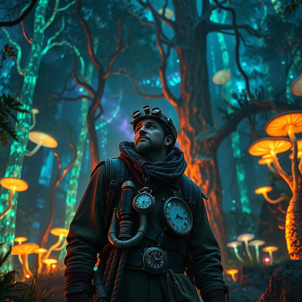 Time Traveler in Luminous Bioluminescent Forest