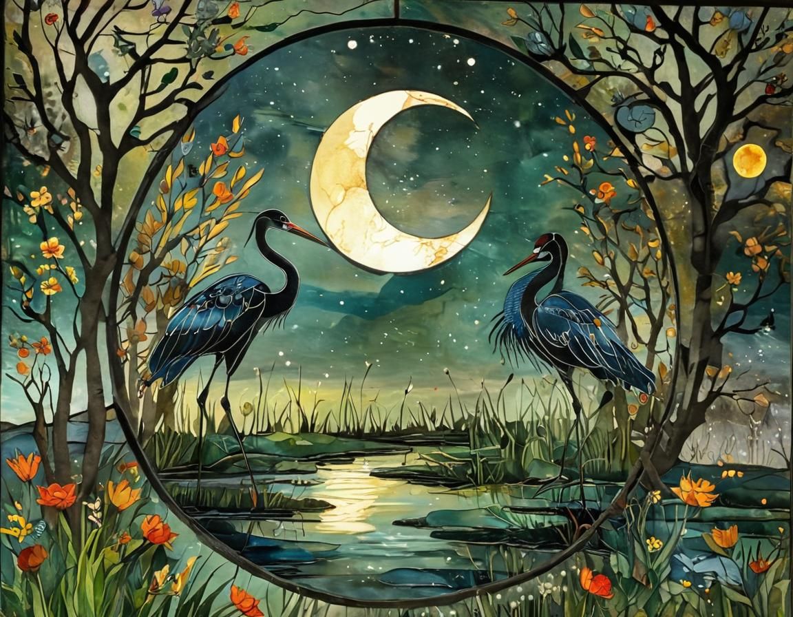 Stained Glass Crane Under Moon