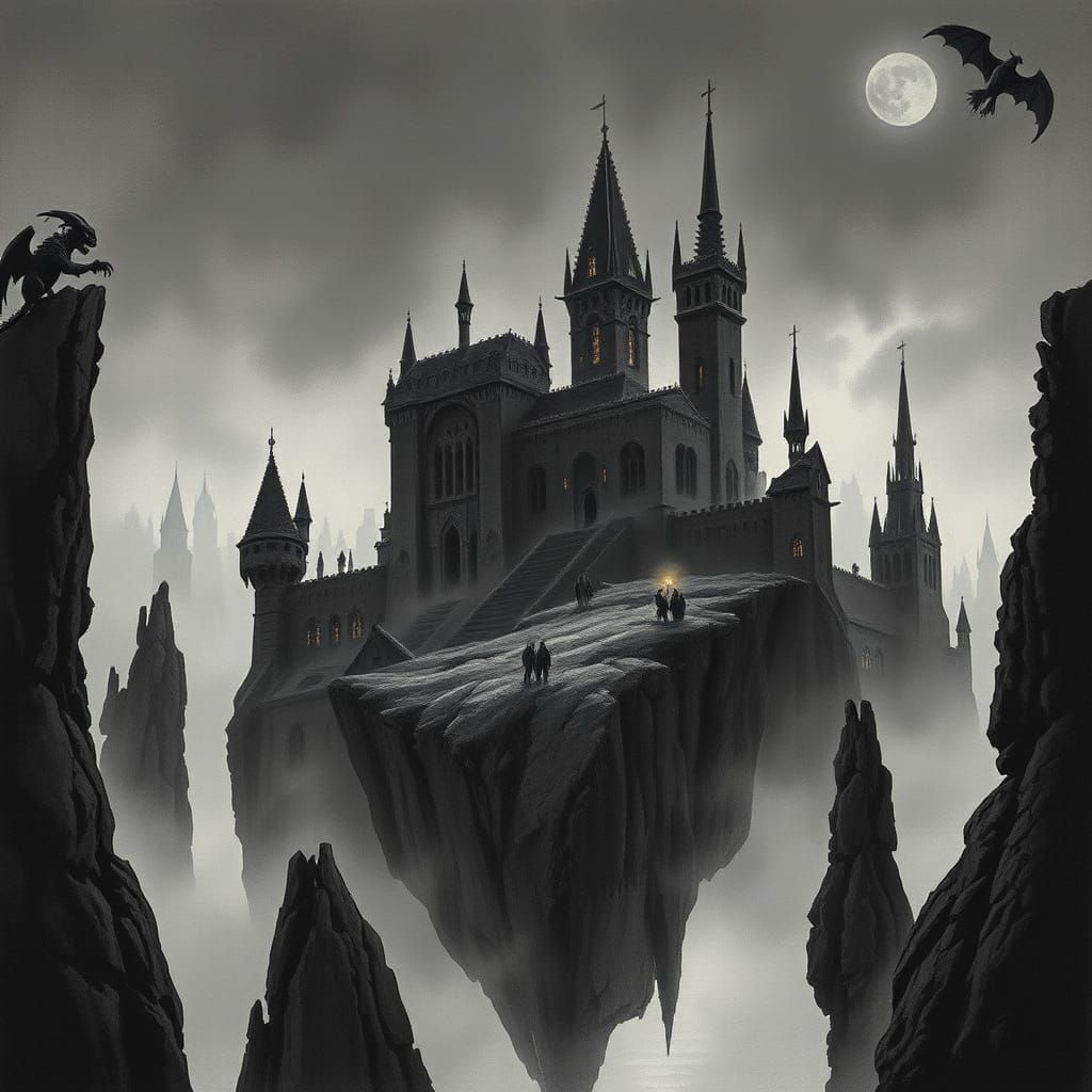 Gothic Cityscape on Floating Rocks in Twilight