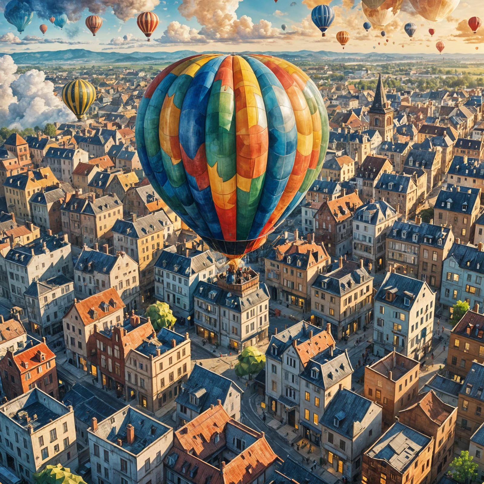 Boy Observing City From Hot Air Balloon