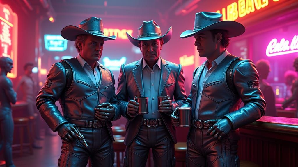 Futuristic Cowboys Gather in Neon Space Saloon