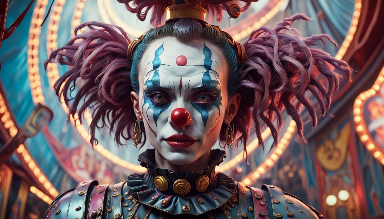 photo of a scary female cyberpunk clown on a Circus backgrou...