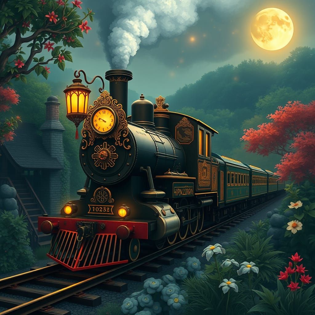Mystical Vintage Train on Moonlit Track