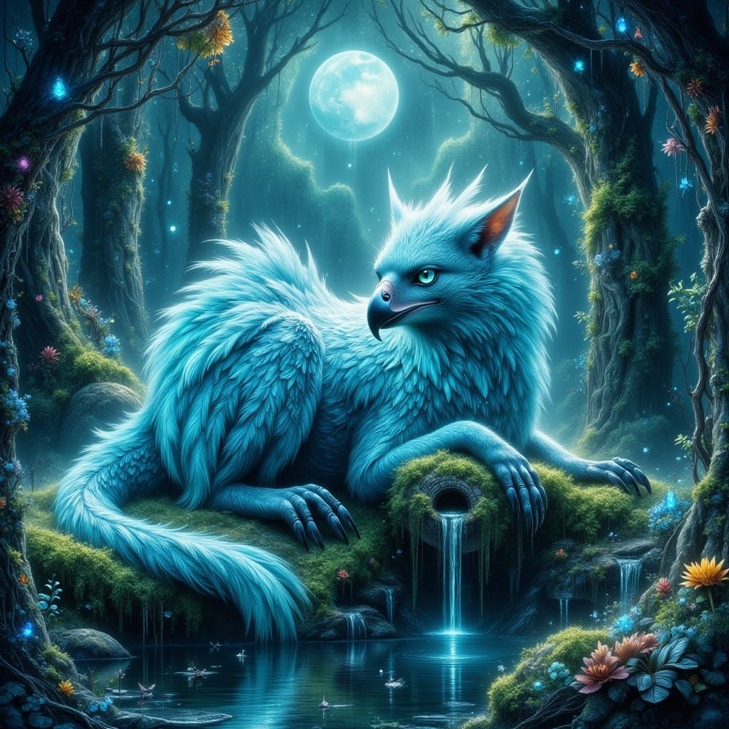 Majestic Luminous Griffin Sleeps Amidst Lagoon Ruins