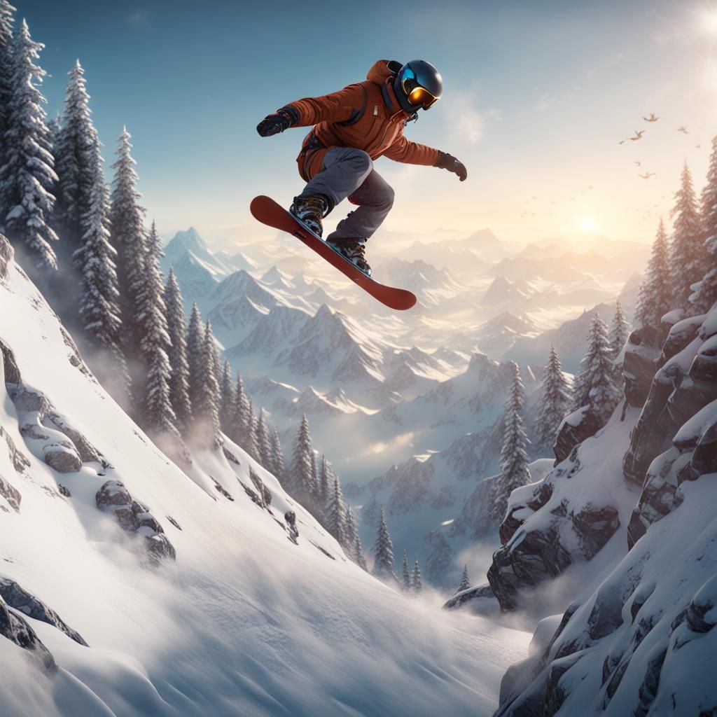 Epic snowboarding jump off a mountainside.