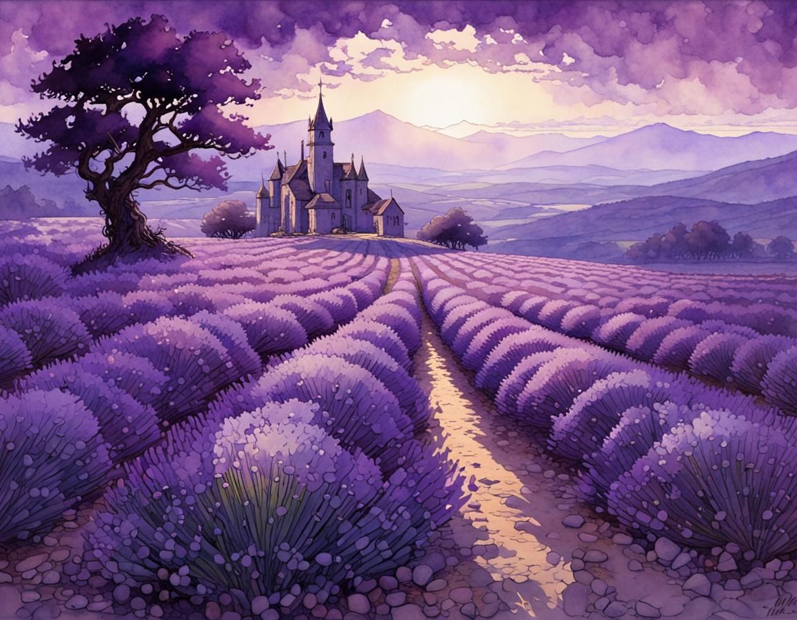 Mystical Lavender Field in Deep Purple Light