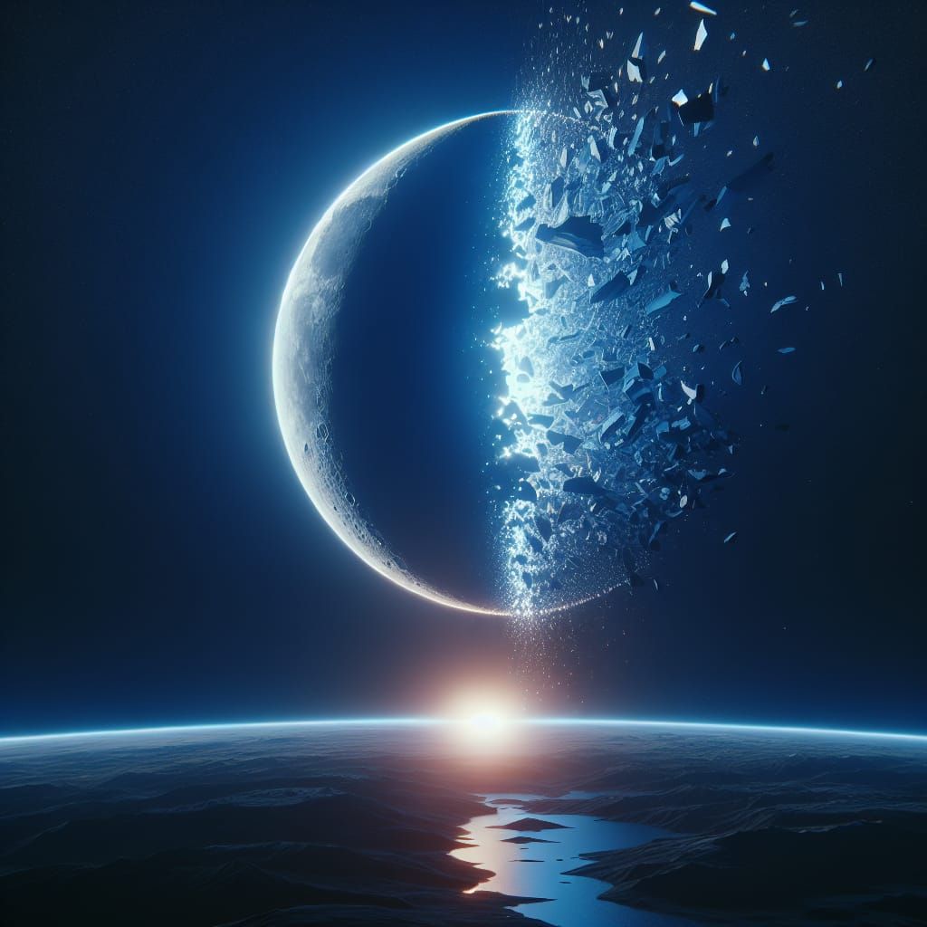 Shattering Crescent Moon in Deep Blue Sky