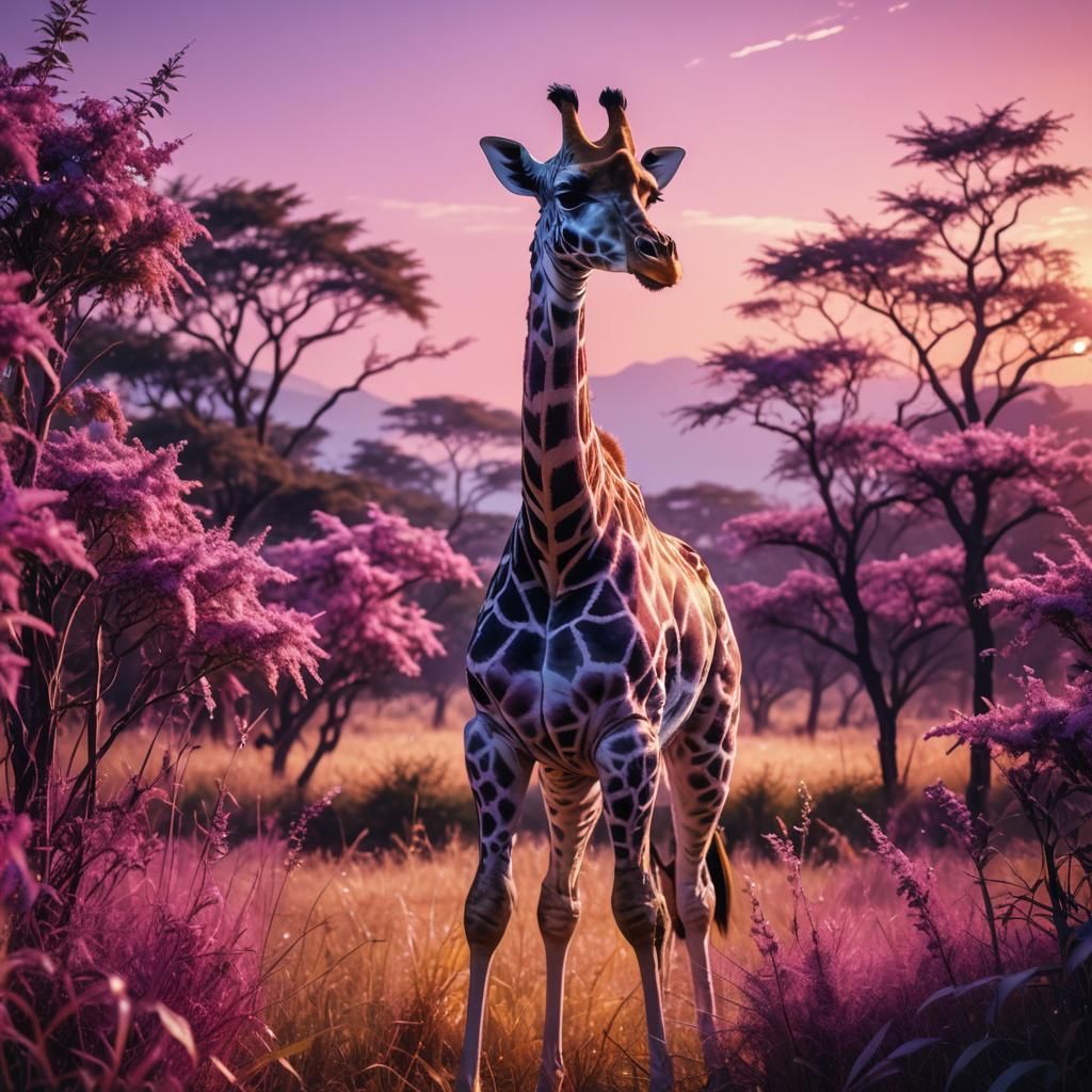Surreal Vaporwave Giraffe Stands in Golden Sunset Fields
