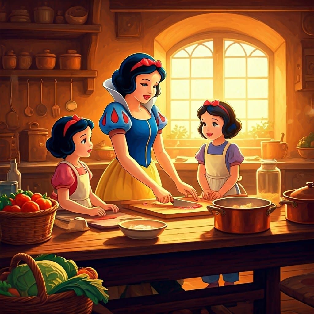 Snow White Teaches Cooking, Hyperrealistic Splash Art