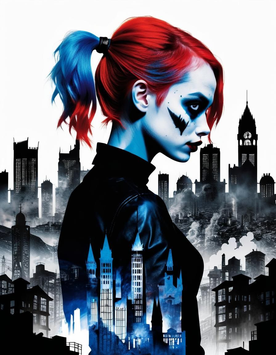Harley Quinn Silhouette in Burning City Double Exposure