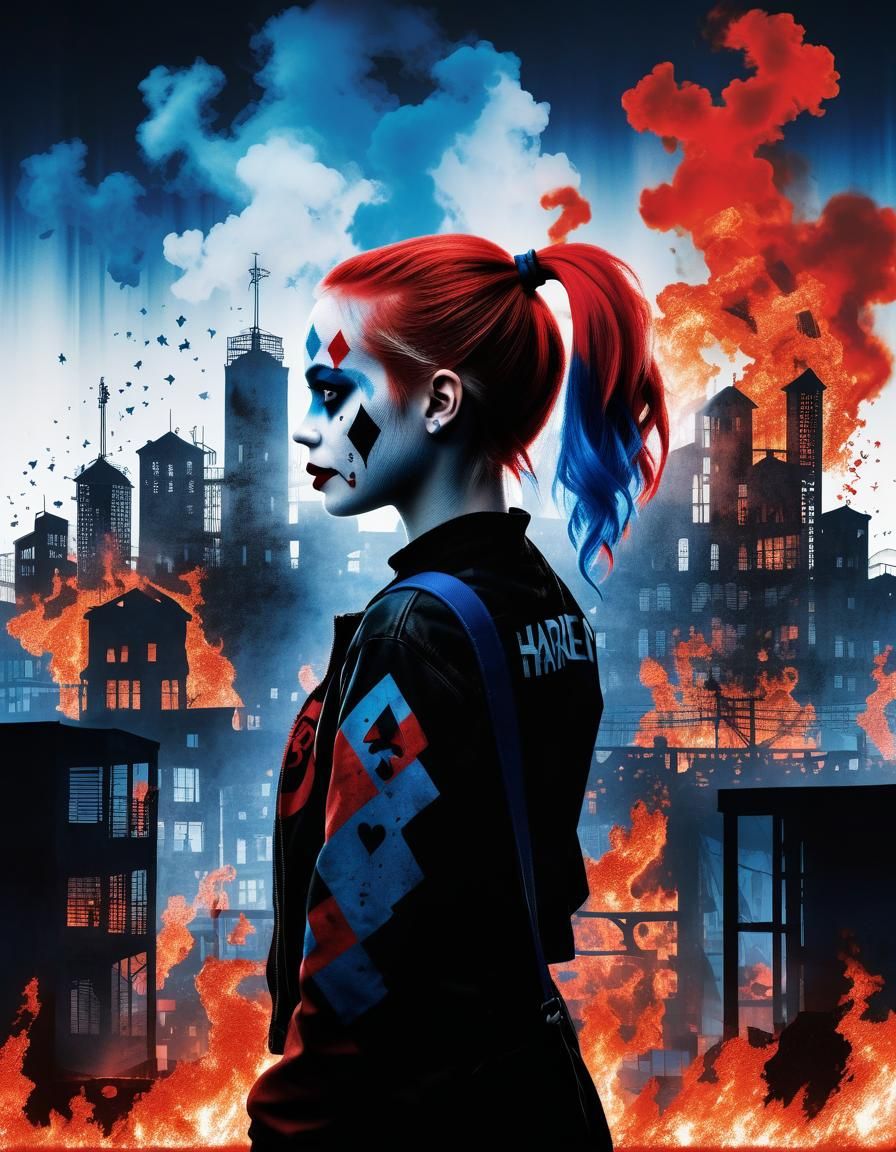 Harley Quinn Silhouette in Burning City Double Exposure