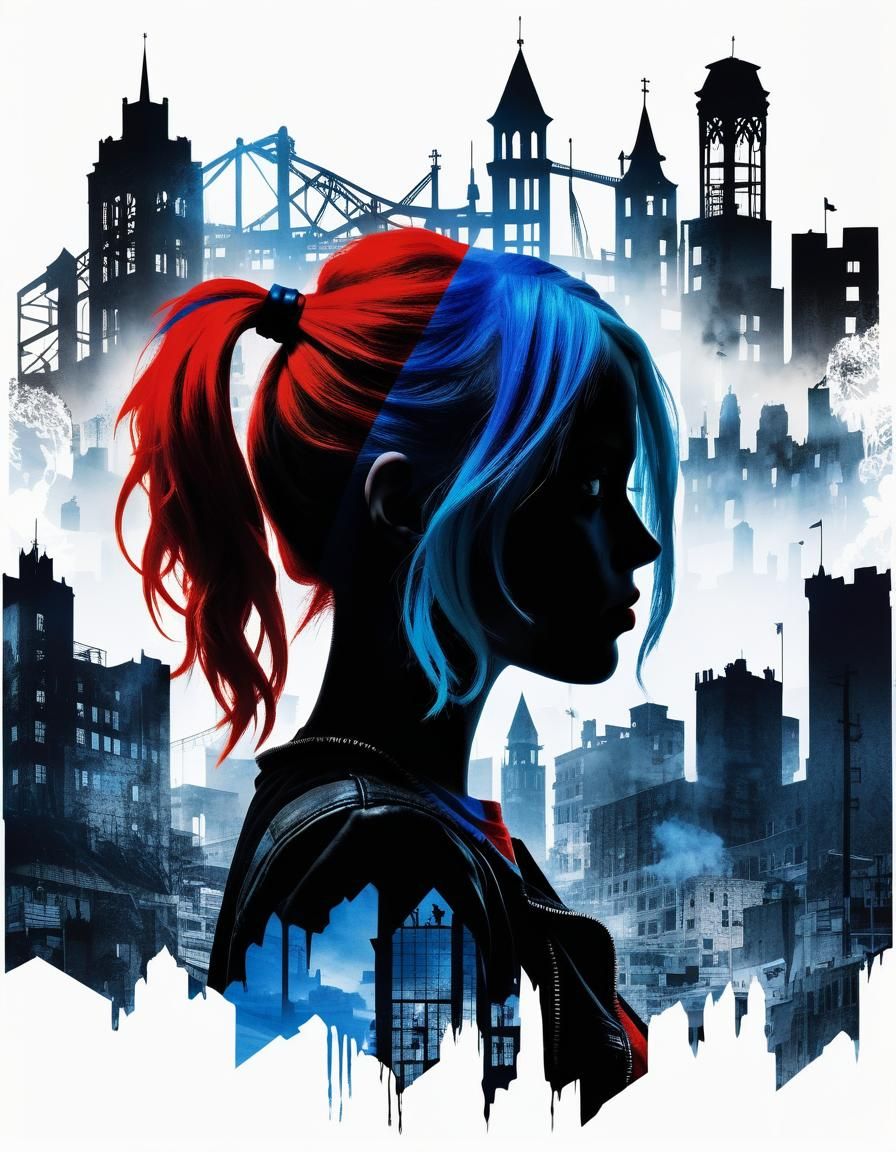 Harley Quinn Silhouette: Burning City Double Exposure