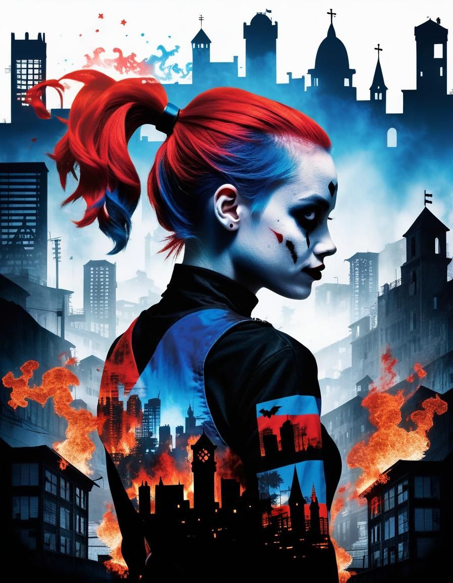 Harley Quinn Double Exposure Silhouette in Burning City