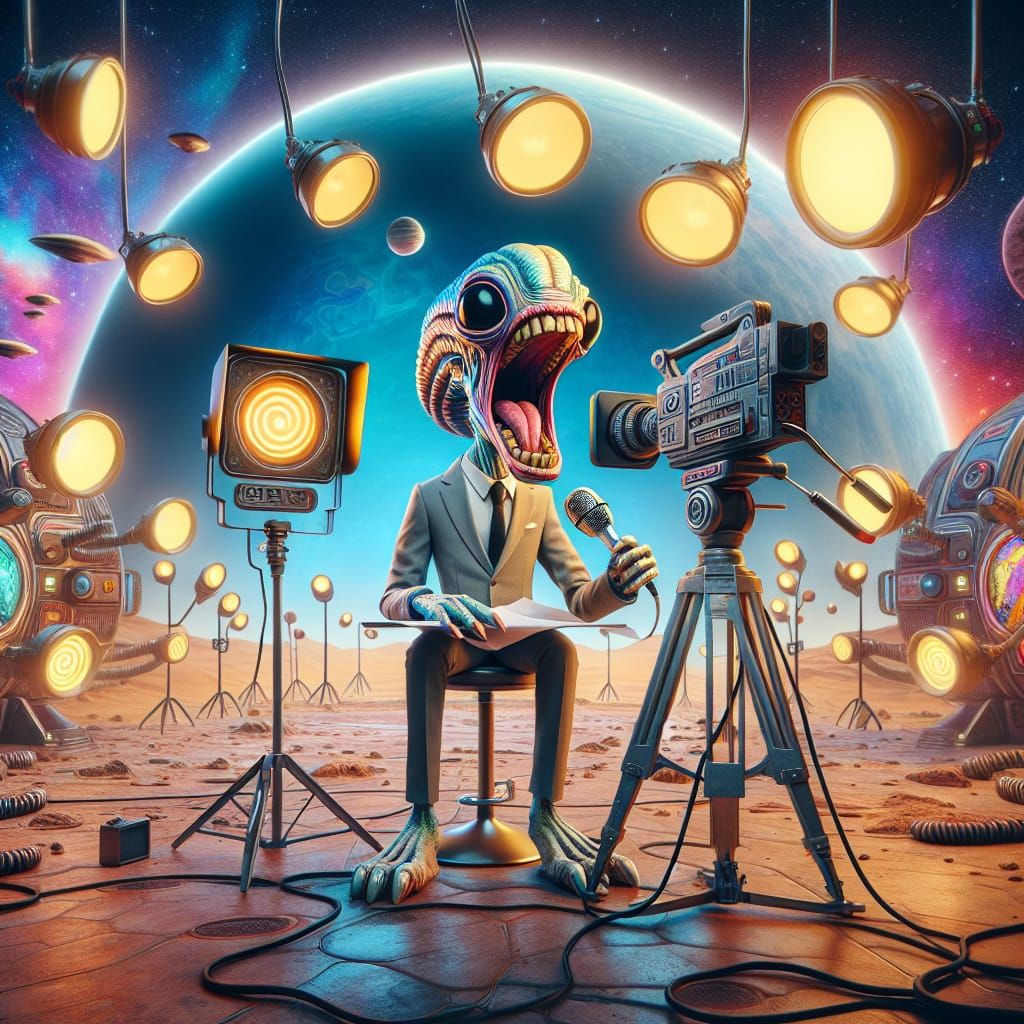 Whimsical Alien News Anchor in Futuristic Space Studio