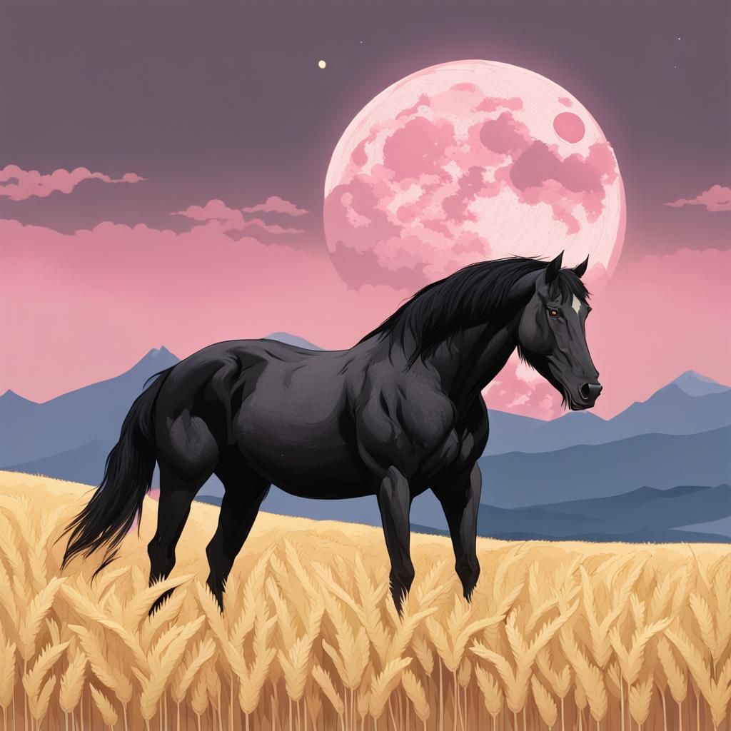 Black Stallion in Wheat Field with Pink Moons