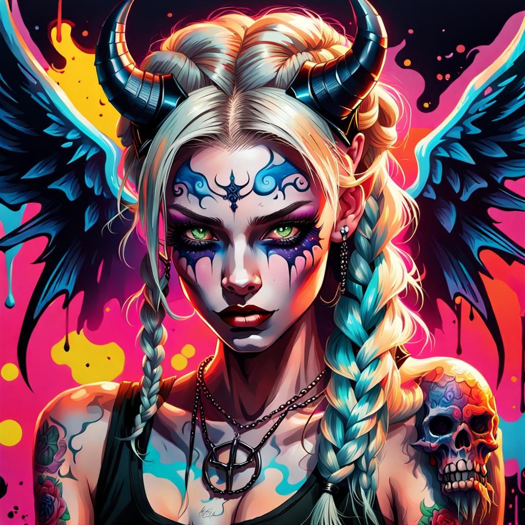 Temptress Demon with Braided Hair in Street Art Style