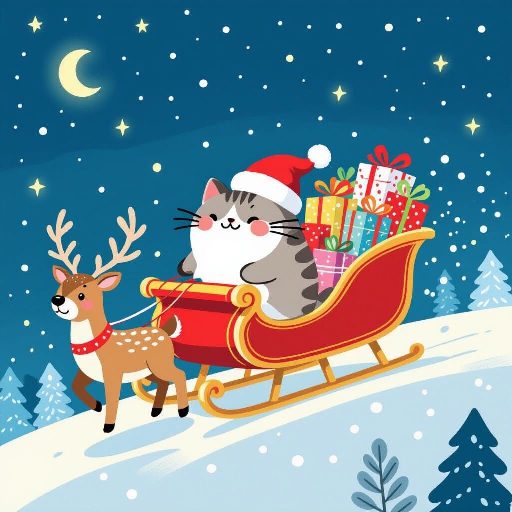 Pusheen Cat Rides Santa's Sleigh Through Starry Night Sky