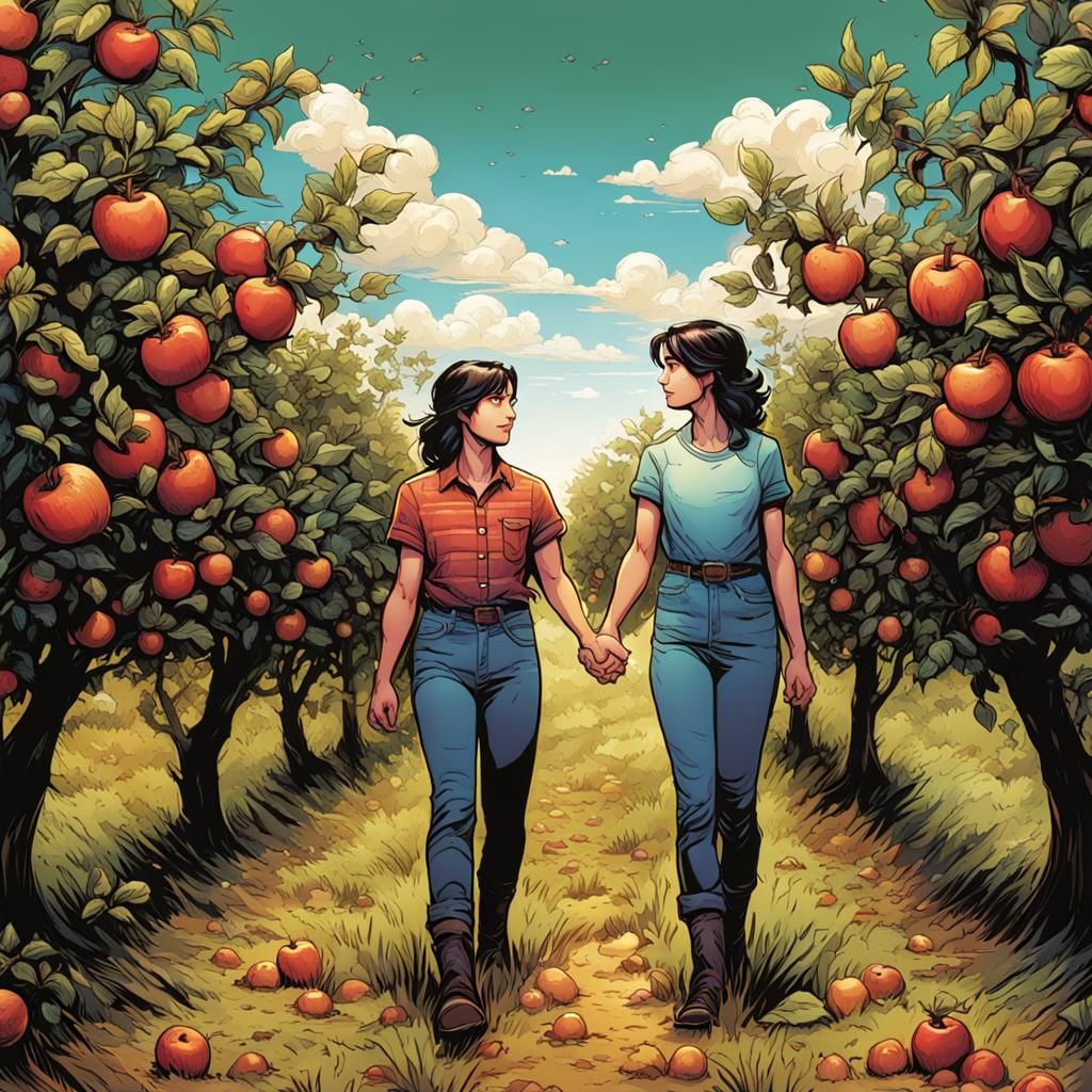 Lesbian Couple in Orchard, Comic Book Art