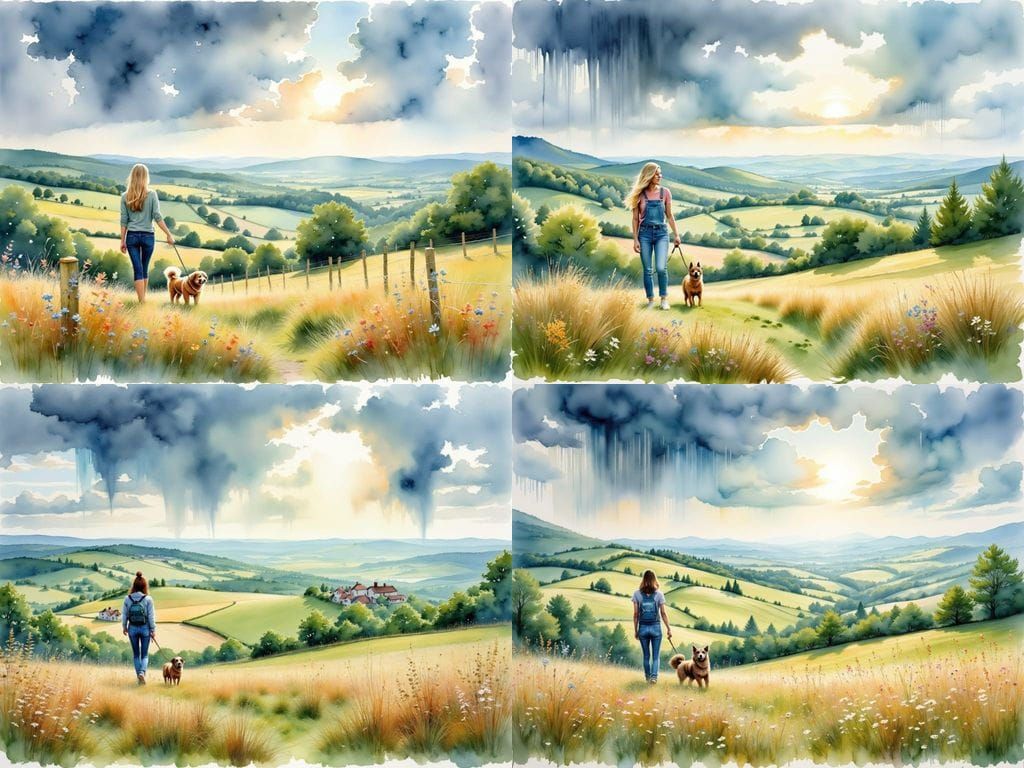 English Countryside Panorama in Watercolour Style